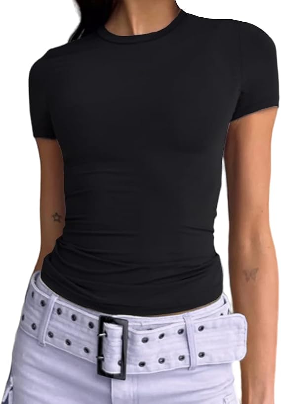 Dwnval Womens Classic Short Sleeve Summer TOS Crew Neck Slim Fit Crop T Shirt