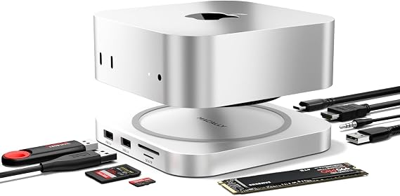 Macally Mac mini M4 Dock and Stand, Mac mini M4 Hub with M.2 NVMe Enclosure, 4K HDMI 60hz, 3 USB A,10Gbps USB C Data Port, SD Card Reader, 3.5mm Audio Jack