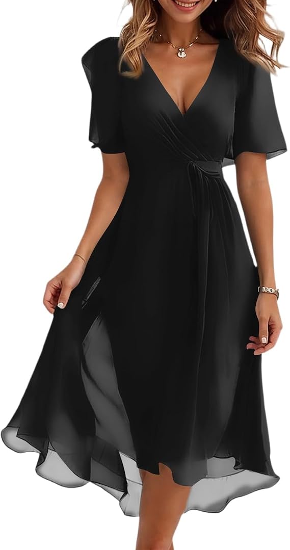 Summer Chiffon Dresses for Women V Neck Formal Elegant Wrap Floral Midi Dress Flowy Ruffle Belted Boho Flutter Sleeve Wedding Guest Dresses Lightweight Casual Cute Empire Waist Beach Sundress