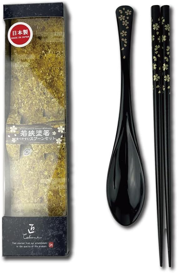 Premium Japanese Chopsticks with Spoon Reusable [ Made in Japan ] Traditional Lacquer Art Wooden Chopsticks (Gold Flower BK(YM2001))