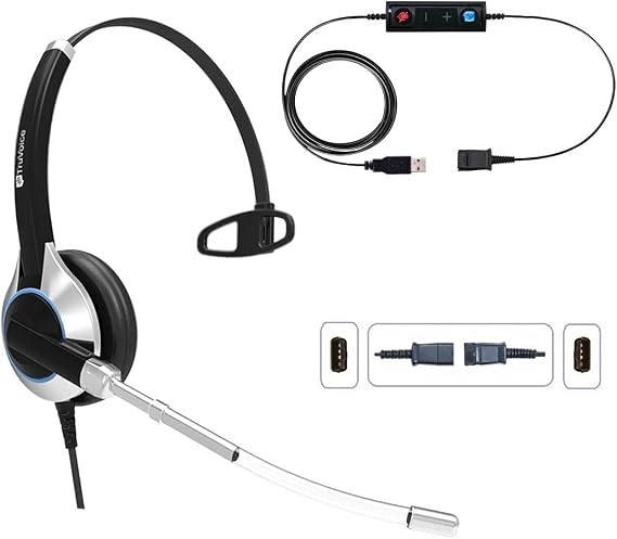 TruVoice HD-300 Deluxe Single Ear Headset with Noise Reduction Voice Tube and USB Adapter Cable with Mute Switch and Volume Control (Connects and Works with PC, Laptop and Softphones)