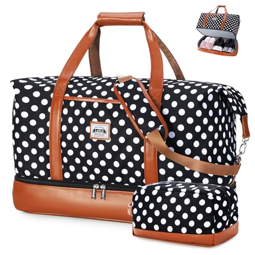 Travel Duffle Bag, Weekender Bags for Women Carry On Travel Bag Overnight Bag with Shoe Compartment Toiletry Bag, Large Weekend Tote Bag Gym Bag Hospital Bag for Labor and Delivery 50L, Dots