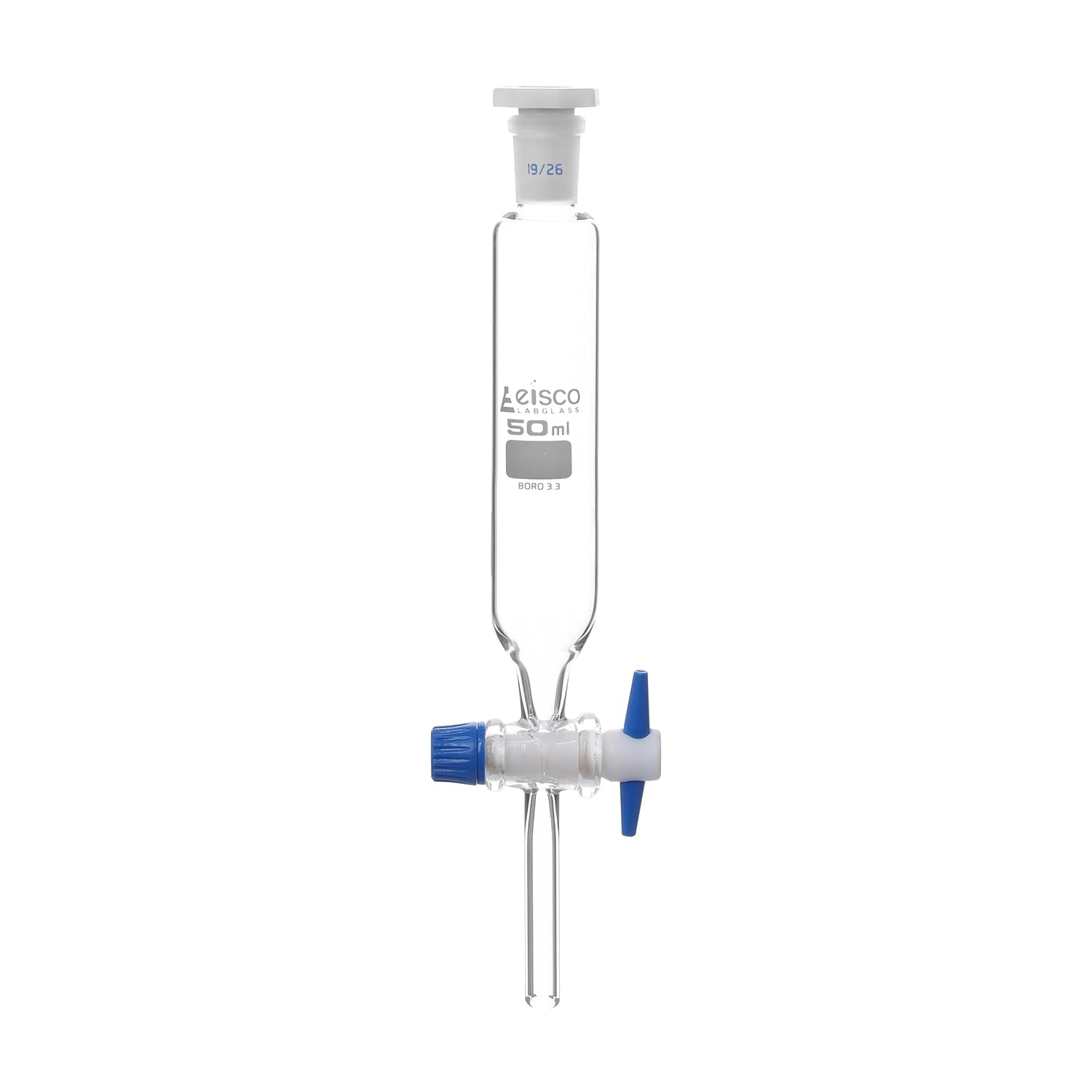 EISCO Dropping Funnel, 50ml - 1926 Plastic Stopper - Ungraduated, PTFE Key Stopcock - Cylindrical - Borosilicate Glass