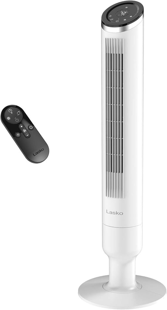 Lasko Apex 42" Oscillating Tower Fan for Bedroom, Living Room, Home Office - 29 ft/s Airflow, 90 Oscillation, 40 ft Reach - Mesh Filter, 6 Speeds, 4 Wind Modes - Quiet 29 dBA - Remote Control - White