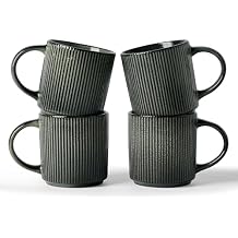 famiware Coffee Mug Set for 4, Star 12 oz Catering Mugs Cup Set with Handle for Coffee, Tea, Cocoa, Milk - Ceramic Stoneware Drinkware Set, Deep Forest