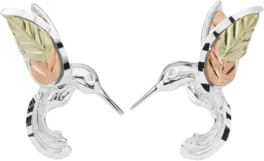 Black Hills Gold Hummingbird Stud Earrings Sterling Silver with 12K Rose & Green Gold Leaves, Diamond-Cut Hummingbird Earrings for Women