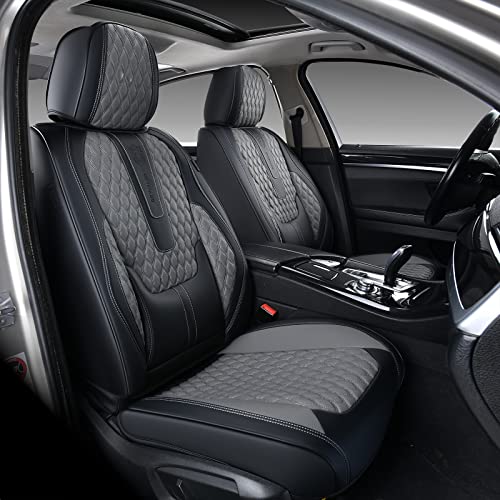 Coverado Leather Seat Covers for Car, Waterproof Front Car Seat Covers with Lumbar Support Universal Fit for Most Sedans SUV Pick-up TruckBlack&Gray