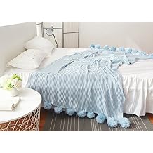 Knit Lightweight Solid Throw Blanket with Pom Poms Tassel 39" x 59", Light Blue