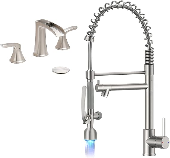 Fapully Pull Down Sprayer Brushed Nickel Kitchen Faucet with Waterfall Bathroom Faucet