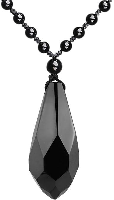 ASGIFT Obsidian Lucky Necklace Power Stone Amulet Protection Pendant with Adjustable Bead Chain Healing Crystal Spiritual Gift