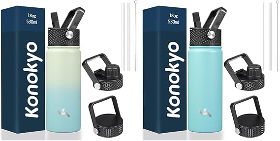 Konokyo Insulated 18oz Stainless Steel Water Bottles with Straw, 3 Lids - Mint & Turquoise