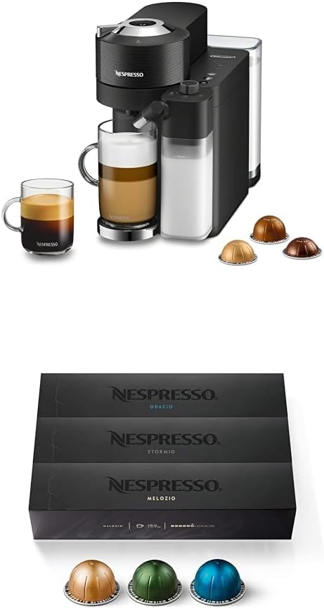 Nespresso Vertuo Lattissima by De'Longhi, Black and Capsules VertuoLine, Medium and Dark Roast Coffee, Variety Pack, Stormio, Odacio, Melozio, 30 Count