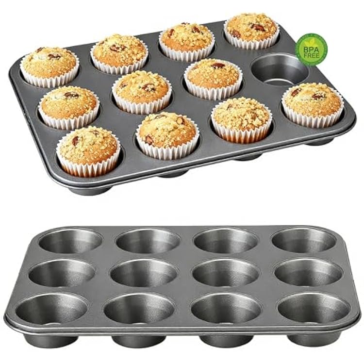 Muffin Pan for Baking, Nonstick Cupcake Tin 12 Cup, 2 Pack Cup Cake Tray, Premium Cheesecake Pans, Dishwasher Safe- Carbon Steel