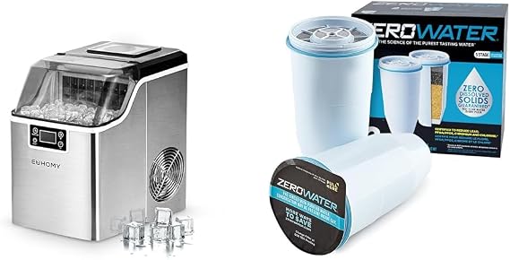 EUHOMY Ice Cube Maker Machine Countertop with Ice Scoop & Basket + ZeroWater Replacement Filter 2-Pack Improves Tap Water Taste