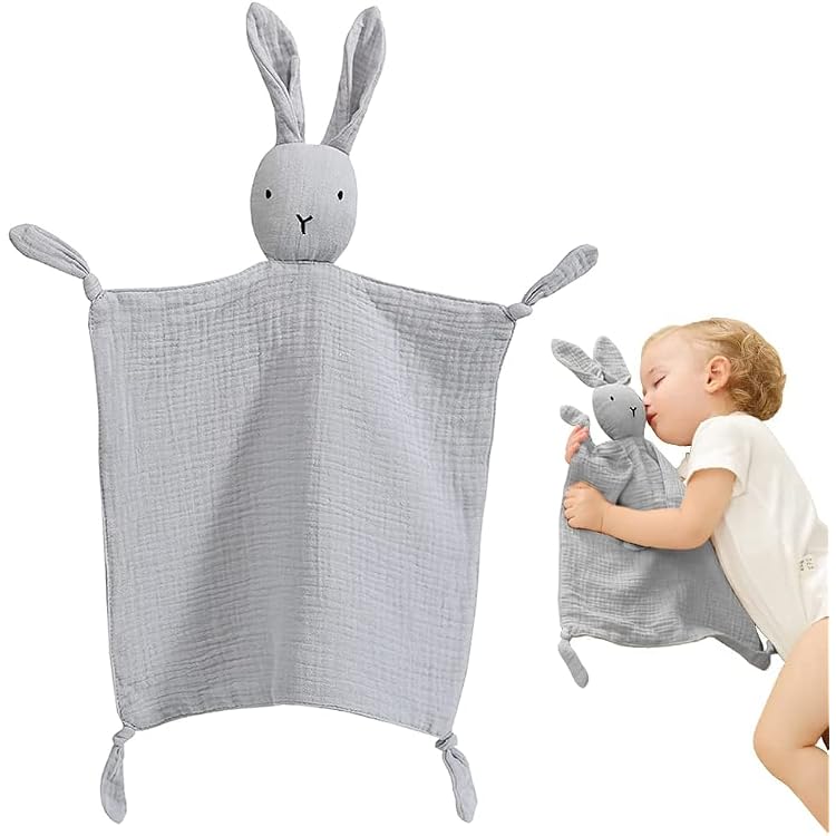 Baby Security Blanket, Cotton Muslin Lovey Blankets, Muslin Bunny Security Blanket, Soft and Breathable Baby Security Blanket, Bunny Loveys for Boys Girls Newborn Infant Babies Grey