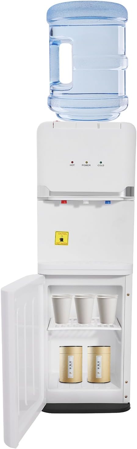Water Dispenser for 5 Gallon Bottle, Hot and Cold Water Cooler Dispenser with Two-Tier Storage Cabinet & Child Safety Lock, 3 Temperature Settings, for Home, Office Use White