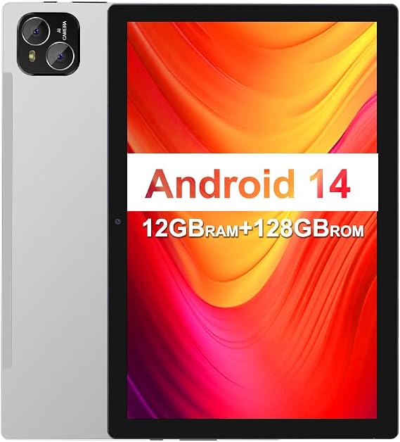 Tablet, 10 inch Android 14 Tablet, Octa-Core Processor, 12GB RAM + 128GB ROM, 1280x800 HD IPS Touchscreen, 6000mAh Battery, 2.4G/5G WiFi 6, BT 5.4, Dual Camera, Metal Body, Sliver