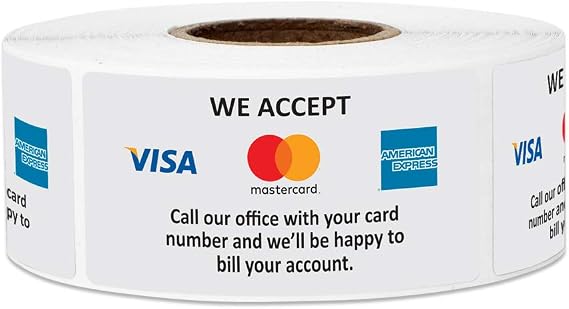 1 x 2 Inch We Accept Credit Cards Sign Visa MasterCard American Express Forms of Payment Accepted Sign for Billing - 1 Roll of 300 Stickers for Credit Cards