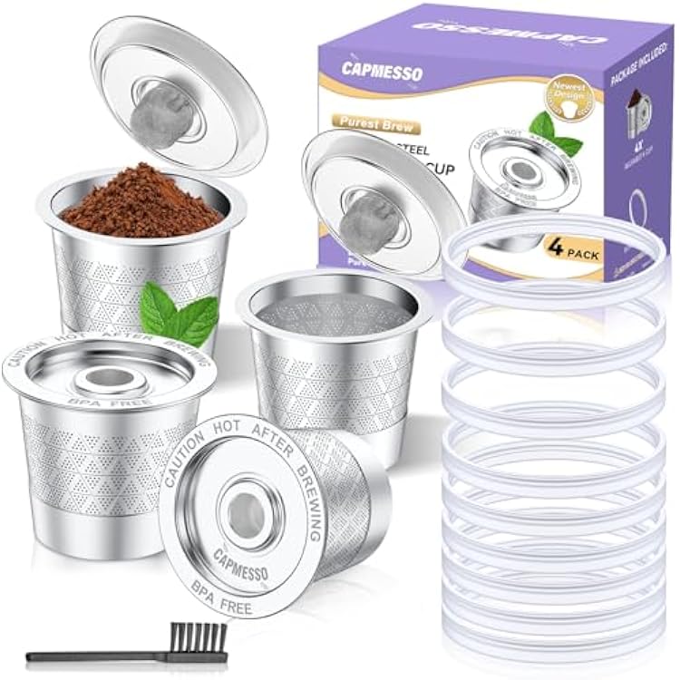CAPMESSO Reusable K Cups with 20pcs Silicone Gaskets: Stainless Steel Reusable Coffee Pods - Dual-Mesh Refillable Coffee Filter for Richer Coffee NO Grit