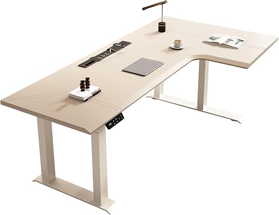 Versatile L-Shaped Electric Standing Desk with Charging Outlets, Height Adjustable Corner Home Office Desk with Saddle Leather Top Easy to Install(L)