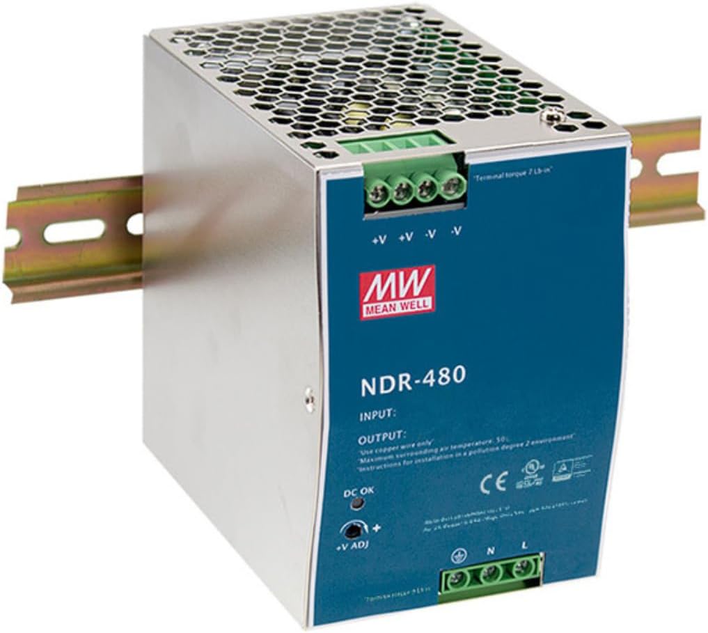 LINOVISION Mean Well NDR-480-48, 480W Industrial DIN Rail Power Supply with 48V 10A Output, Buit-in Active PFC Function