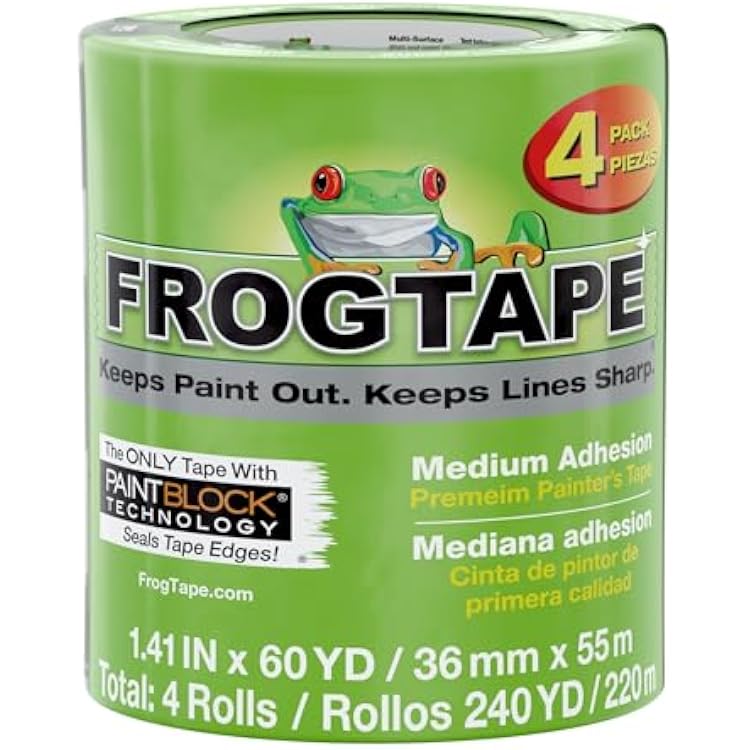 FrogTape Multi-Surface Painters Tape with PAINTBLOCK, 1.5 Inch Wide 1.41 In. x 60 Yds, Medium Adhesion, Green, 4 Rolls 240660