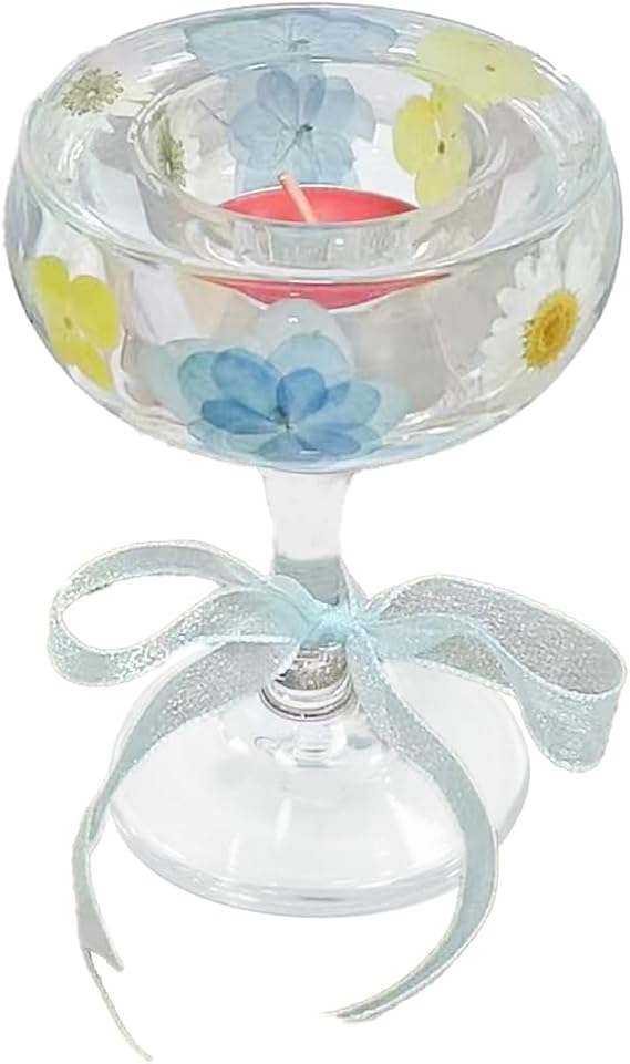 Glass Votive Candle Holders: Clear Candlestick Non-Tip Cups Pedestal Inlaid Dried Real Flowers - Handmade Crystal Modern Candleholders with Anti-Drip Rim for Wedding Centerpiece/Home Decor Gift (blue)
