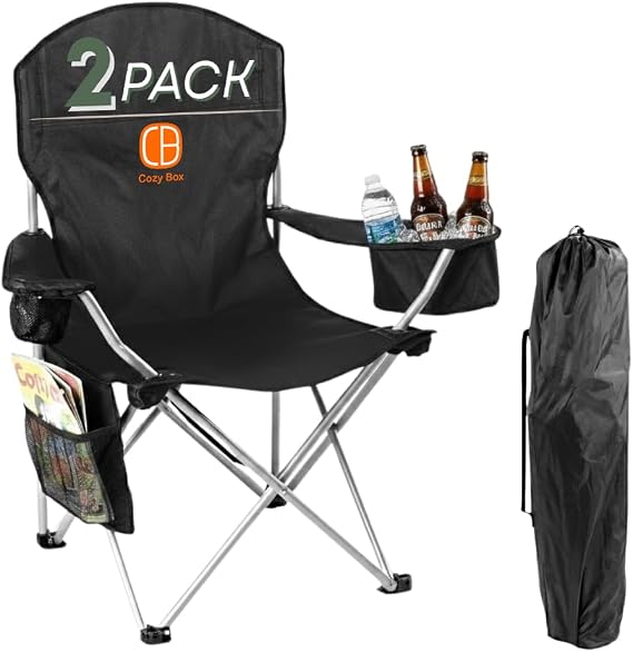 Pack of 2 Portable Lawn Chairs, with Built-in Can Cooler, Storage Pocket, Carry Bag, and Cup Holder, Includes Carry Bag (2, Black)