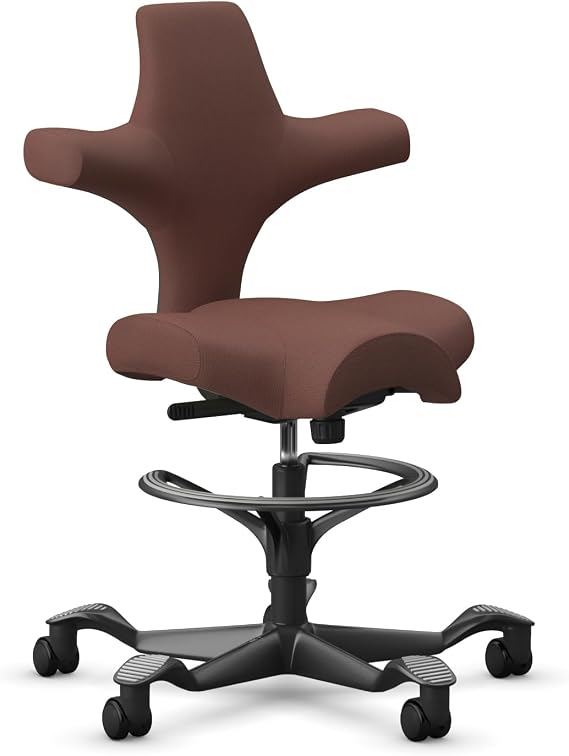 HAG Capisco Sit to Stand Chair-Black Frame-Upholstered Tan Brown Leather-with Foot Ring