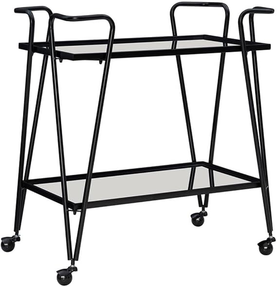 BOWERY HILL Metal Bar Cart, Black Powdercoated Finish, 30" W x 17.25" D x 32.5" H, Mirrored Shelves, Locking Casters, Multifunctional Mid-Century Design for Home, Bathroom, Living Room or Kitchen
