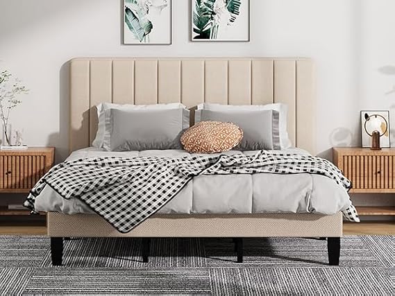 Bed Frames, King Bed Frames with Linen Upholstered Headboard, Without Box Spring Needed, Easily Assembly with Sturdily Wood, Withoutn-Slip Without Noise (Beige)