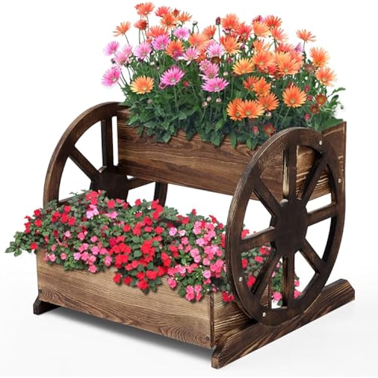Wooden Wagon Planter Box Decorative Wooden Cart Rustic Flower Pot Garden Wagon Decor with Wheels for Indoor Outdoor Patio Garden Balcony Backyard Decoration 1 Pcs,Unmovable Carriage Style