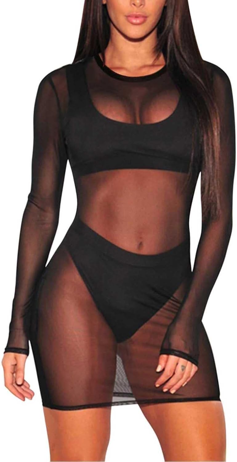 Womens Sheer Mesh Long Sleeve Bikini Cover Up See Through Swimwear Beach Dress