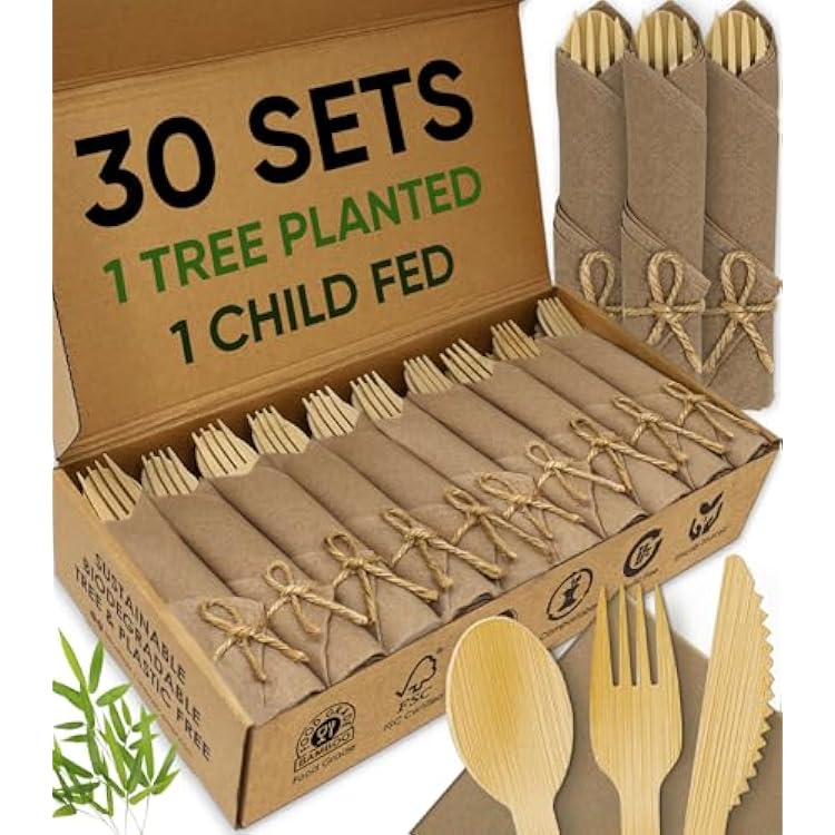 Premium Pre Rolled Napkin and Bamboo Cutlery Set with Brown Napkins 30 Pack, 120 PCS 100% Biodegradable, Eco-Friendly, Disposable Wrapped Cutlery - Pre-Wrapped Bamboo Forks, Knives, Spoons
