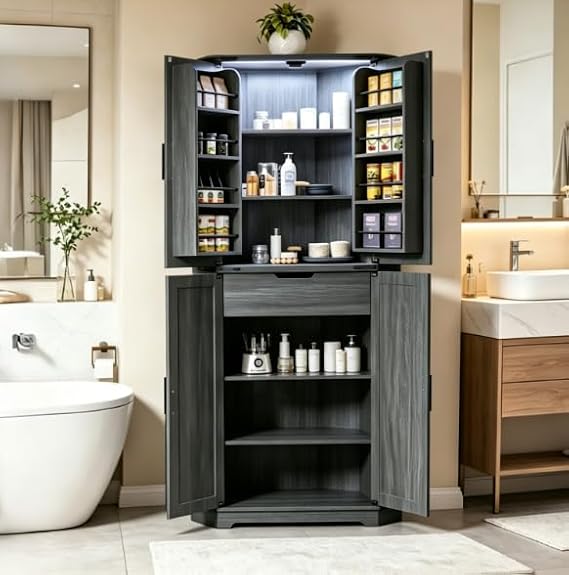 Dripex 71" Tall Corner Pantry Cabinet Black, Farmhouse Tall Storage Cabinet with Doors, Adjustable Shelves & LED Light, Kitchen Food Cabinet for Living/Dining Room