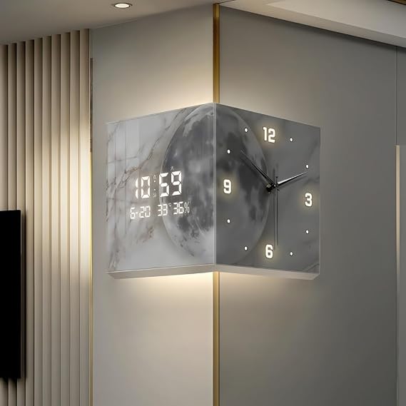Modern Corner Wall Clock with Analog and LED Display, Dual - Face Clock for Corner Mounting, Silent Quartz Movement Corner Clocks(10.24 * 10.24")