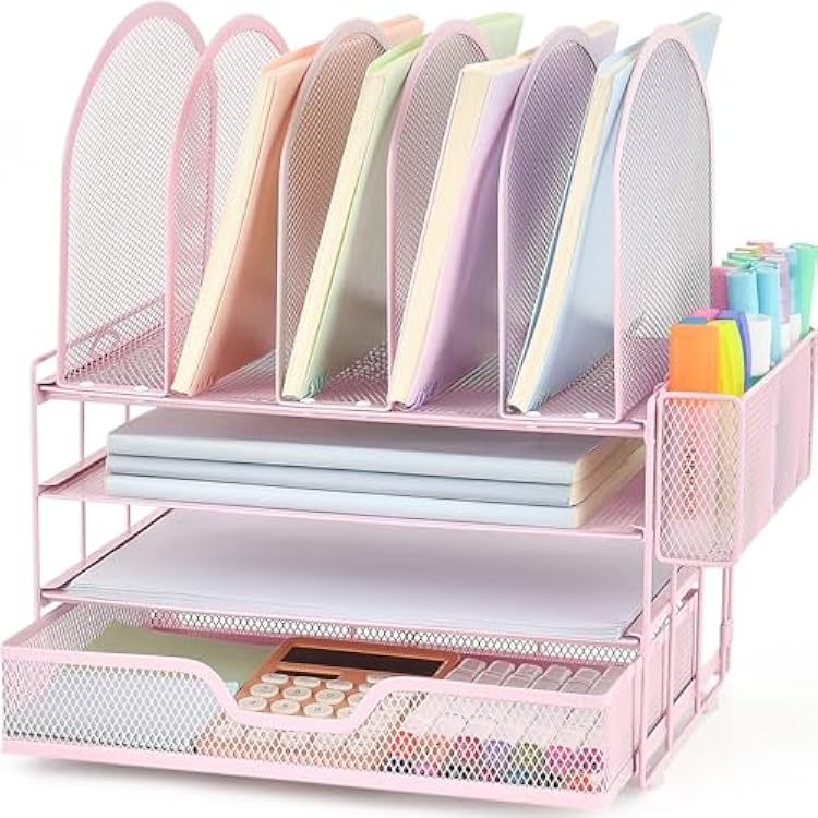Desk Organizers and Accessories with Drawer, File Organizer with 5 Vertical File Holders and Pen Holders, Office Desk Accessories Workspace Desktop Organizers for Office Supplies Pink