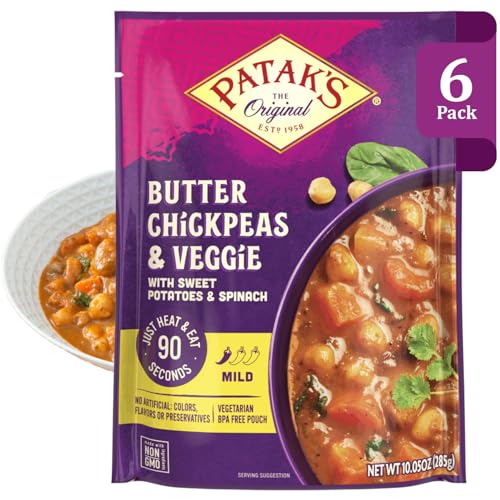 Pataks Butter Chickpeas & Veggies - Vegetarian Ready to Eat Meal - Mild Indian Curry wChickpeas, Spinach & Veggies - Microwave Meal for Quick Dinners - Serve with Rice or Naan - 10.5oz Pack of 6