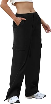 Susclude Cargo Pants for Women - Wide Leg Baggy Pants High Waisted Cotton Pants with Pockets