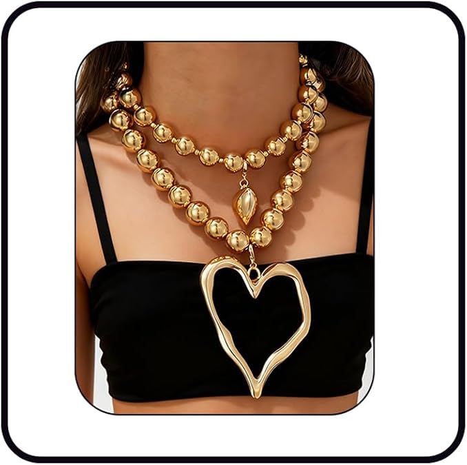 Y2K Chunky Heart Necklace for Women Big Chunky Heart Pendant Necklace Exaggerated Layered Pearl Choker Necklaces Set Trendy Y2K Statement Jewelry Gift