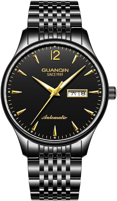 GUANQIN Men Calendar Week Luminous Japanese Automatic Self-Wind Mechanical Wrist Watch Sapphire Crystal Business Waterproof Clock Man Vintage Stainless Steel Wristwatch (Black)