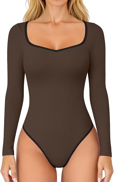 OQQ Women Bodysuit Contrast-Trim Square Neck Long Sleeve Stretch Bodysuit Tops