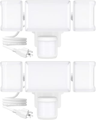 Olafus 75W Motion Sensor Outdoor Light Plug in, 2 Pack Motion Flood Lights 3 Heads, 7500LM LED Security Light IP65, Motion Activated 6500K PIR Sensor Lighting for Garage Yard Porch Patio, White