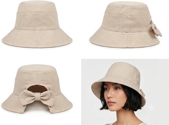 Kadın Kurdelalı Bucket Şapka, Ayarlanabilir İç Bantlı, Yay Detaylı, Bej