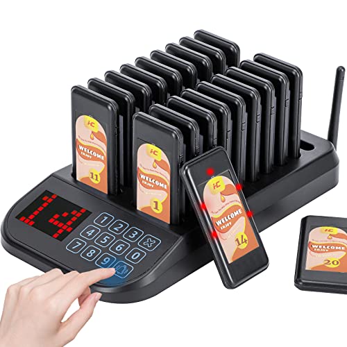 Hanchen Restaurant Pager System Wireless Calling System Social Distancing Buzzer Max 98 Nursery Pager Set Vibration Waiting Buzzers for Food Truck Church Clinic 20 Pagers Updated Version 2