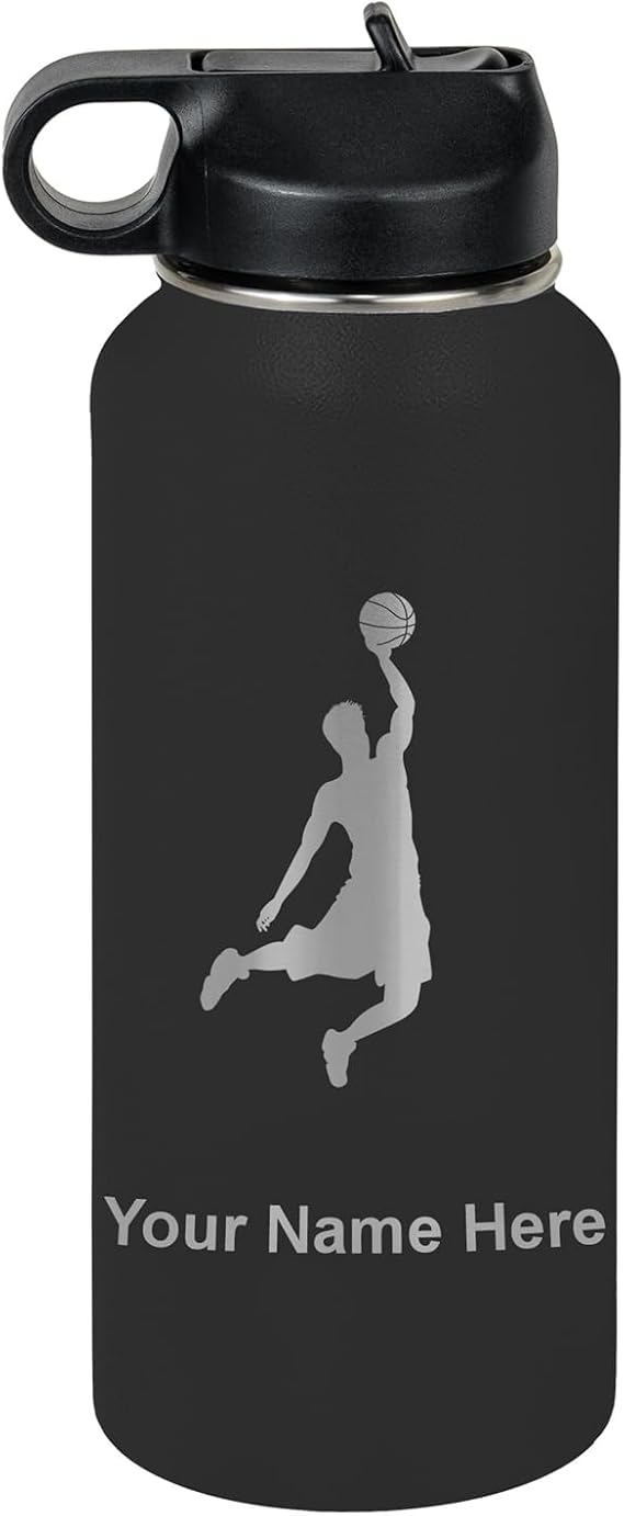 LaserGram Personalized Water Bottle, Basketball Slam Dunk Man, Stainless Steel Double Wall Vacuum Insulated with Flip Top Straw, Custom Engraved Gift (32oz / 950ml Black)