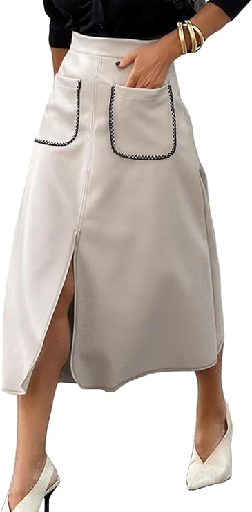 Happy Sailed Women's Faux Suede Skirt Elastic Waist Front Pockets A Line Midi Skirts Fall Winter Clothing