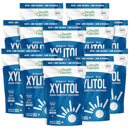 Health Garden Birch Xylitol Sweetener, 16 Oz. x 12, Pure Birch Xylitol, Non-GMO, Kosher, Ideal Powdered Sugar Substitute in Resealable Bag, Low Glycemic Impact Sugar Alternative 1 Lb. Pack of 12
