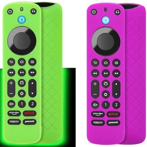 Pinowu Remote Cover 2pcs Compatible with Alexa Voice Remote Pro, Anti Slip Silicone Protective Case with Lanyard for Fire TV Cube Remote Pro Green Glow & Purple NOT Glow