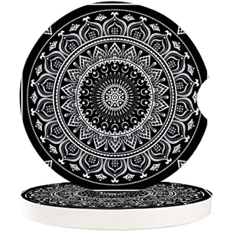 Absorbent Car Coasters for Cup Holders Black and White Indian Mandala, Small 2.56inch Ceramic Stone Drink Coaster for Women Men, Hippie Boho Tribal Art Set of 2 Pack